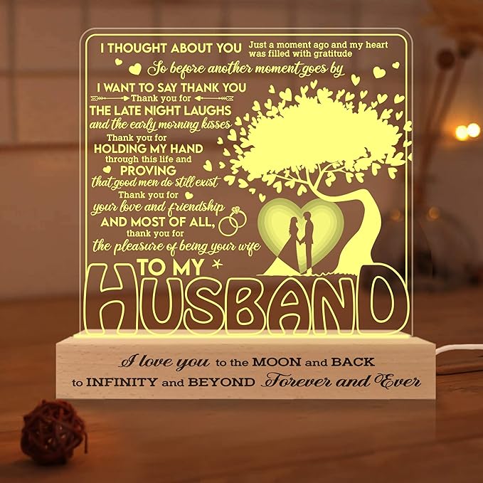 to My Husband Gifts from Wife LED Lamp, Romantic Valentines Gift 3D Illusion Lamp Wood Base USB Powered Acrylic Night Light, Husband Gifts, Fathers Day Presents for Him Husband - LeafyLoom