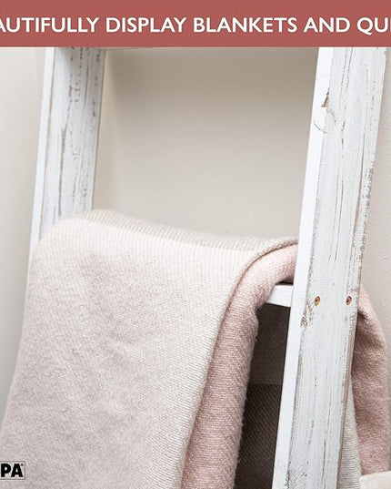 Ilyapa Blanket Ladder for Living Room, Towel Holder Stand - 54x18 Rustic Decorative Quilt Ladder, Blanket Ladders for Living Room Farmhouse, White Weathered Wood, Farmhouse Decor Living Room - LeafyLoom
