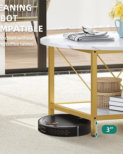YITAHOME Round Coffee Table,Rustic Wood Coffee Tables for Living Room with Storage Shelf, Modern Farmhouse Circle Coffee Table Center with Sturdy Metal Legs Home Furniture, Gold and White - LeafyLoom