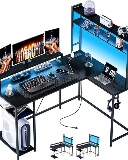 L Shaped Desk with Monitor Stand & Hutch, Computer Gaming Desk with LED Lights & Power Outlets, Home Office Coner Desk with Adjustable Storage Shelves, Black - LeafyLoom