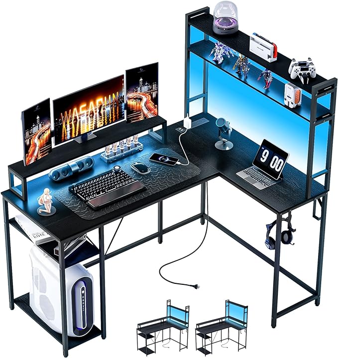 L Shaped Desk with Monitor Stand & Hutch, Computer Gaming Desk with LED Lights & Power Outlets, Home Office Coner Desk with Adjustable Storage Shelves, Black - LeafyLoom