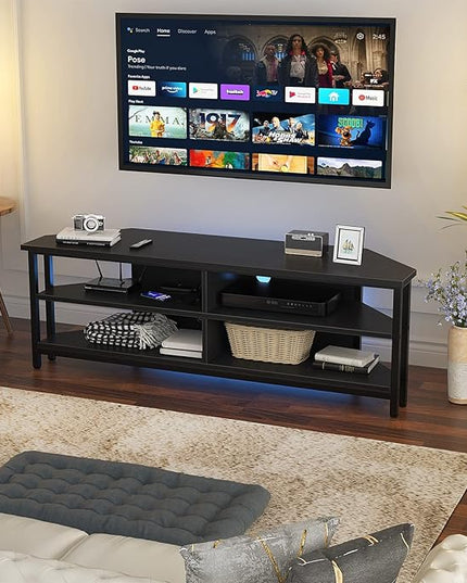 Unikito Corner TV Stand With Power Outlet, Corner Entertainment Center Corner TV Table With 4 Open Storage Corner TV Cabinet Wood TV Stand For Living Room,Bedroom Corner TV Stand For 55 inch TV, Black - LeafyLoom