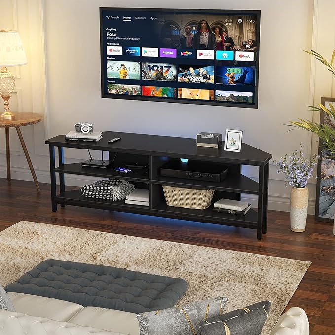 Unikito Corner TV Stand With Power Outlet, Corner Entertainment Center Corner TV Table With 4 Open Storage Corner TV Cabinet Wood TV Stand For Living Room,Bedroom Corner TV Stand For 55 inch TV, Black - LeafyLoom
