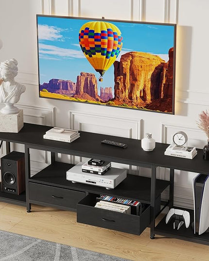TV Stand with Fabric Drawers for 65 70 75 Inches TV - Entertainment Center and Industrial TV Console Table with Open Storage Shelves for Living Room, Bedroom - 63.5" Black - LeafyLoom