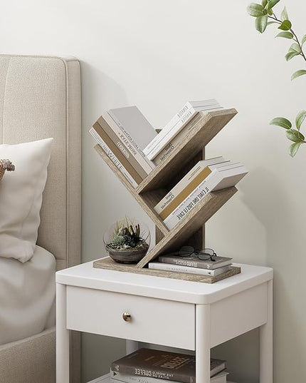 Tajsoon 3 Tier Tree Bookshelf, Small Bookshelf, Desktop Bookshelf Floor Standing Bookcase Display for CDs/Magazine/Books, Book Organizer Shelves for Bedroom, Living Room, Office, Greige - LeafyLoom