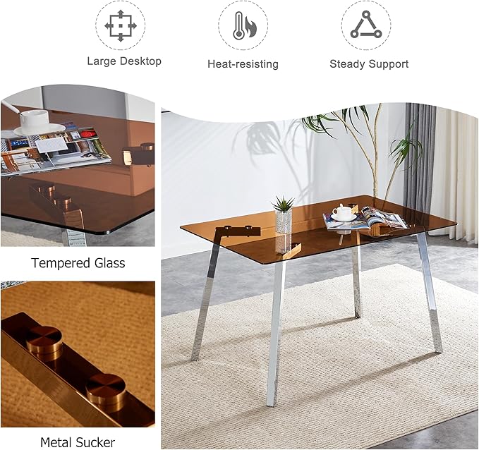 NicBex 51Inch Rectangular Dining Table,Modern Kitchen Table with Tempered Glass Tabletop and Silver Metal Legs for 4 to 6,Dining Room Table for Kitchen,Meeting Room and Living Room,Easy Clean,Brown - LeafyLoom