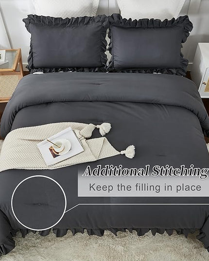 Andency Dark Gray King Comforter Set(104x90Inch), 3 Pieces(1 Ruffle Comforter and 2 Pillowcases) Lightweight and Fluffy Bedding Comforter Set, All Season Soft Microfiber Shabby Chic Bedding Set - LeafyLoom