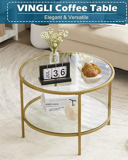 VINGLI Glass Coffee Table, 25.6" Round Champagne Gold Coffee Tables for Living Room, 2-Tier Glass Top Coffee Table with Storage Clear Coffee Table, Simple & Modern Center Table for Small Space - LeafyLoom