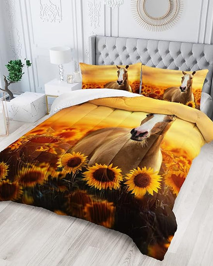 Horse Comforter King Size,Sunflower Horse Comforter Set for Kids Teens Girls Boys,3Pcs Bedding Set Printed Comforter with 2 Pillowcases,Soft and Lightweight，King Size - LeafyLoom