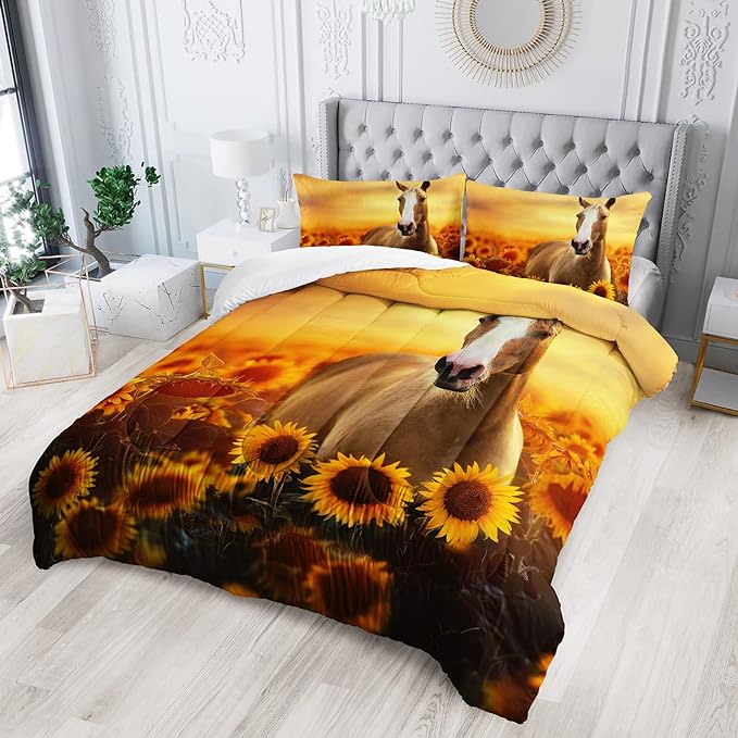 Horse Comforter King Size,Sunflower Horse Comforter Set for Kids Teens Girls Boys,3Pcs Bedding Set Printed Comforter with 2 Pillowcases,Soft and Lightweight，King Size - LeafyLoom