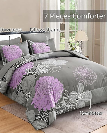 Yiran King Size Comforter Set Grey Purple Comforter Floral Bedding Comforter Set 7 Pieces Soft Microfiber Bed Set for All Seasons 103"×90" - LeafyLoom