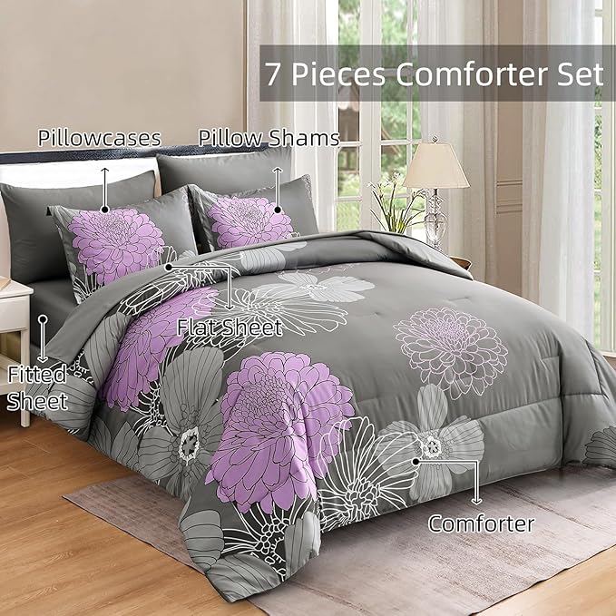 Yiran King Size Comforter Set Grey Purple Comforter Floral Bedding Comforter Set 7 Pieces Soft Microfiber Bed Set for All Seasons 103"×90" - LeafyLoom