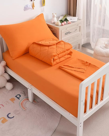 NTBAY Toddler Bedding Set - 4 Piece Soft and Breathable Crib Bedding Set for Boys and Girls, Includes Quilted Comforter, Fitted Sheet, Flat Top Sheet and Envelope Pillowcase, Orange - LeafyLoom