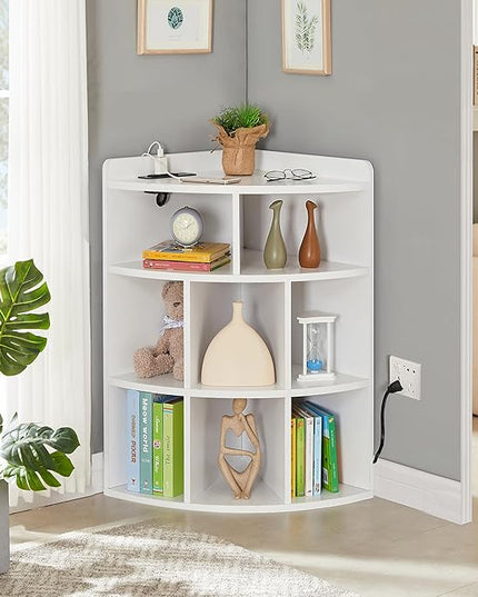 Vecelo Corner Cabinet with Charging Station, 3-Tier Bookcase Cube Storage Organizer with USB Outlets, Triangle Corner Bookcases with 8 Cubbies for Playroom, Bedroom, Living Room, Pearl White - LeafyLoom