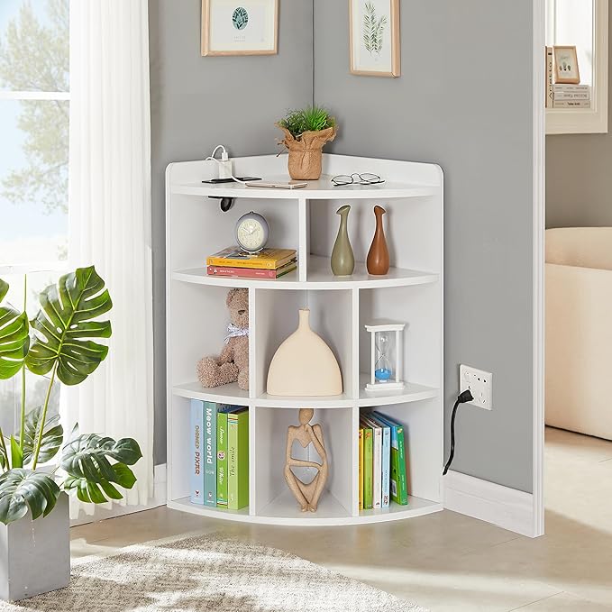 Vecelo Corner Cabinet with Charging Station, 3-Tier Bookcase Cube Storage Organizer with USB Outlets, Triangle Corner Bookcases with 8 Cubbies for Playroom, Bedroom, Living Room, Pearl White - LeafyLoom