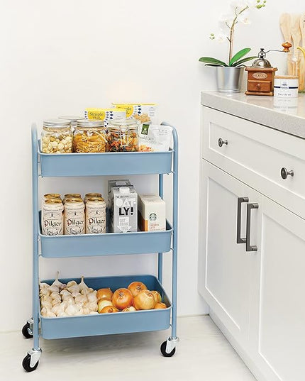 CAXXA 3-Tier Rolling Metal Storage Organizer - Mobile Utility Cart with Caster Wheels, Blue - LeafyLoom