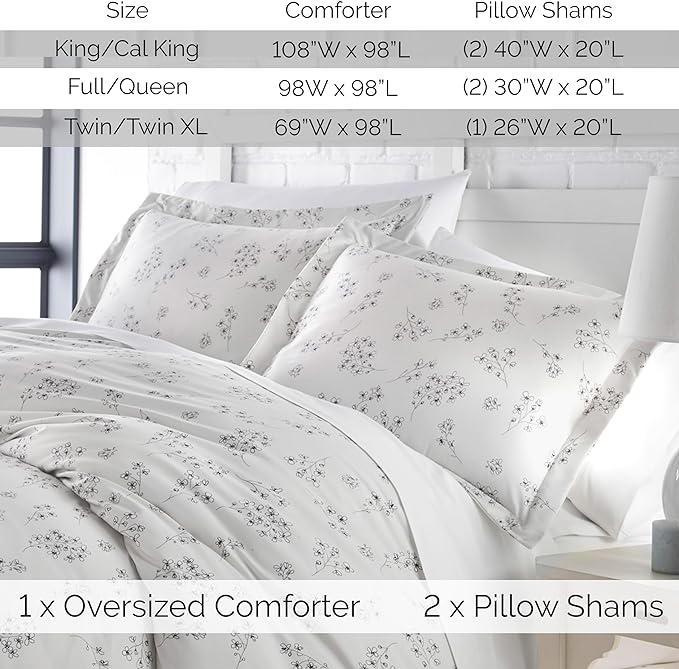 Southshore Fine Living, Inc. 3-Piece Full/Queen Comforter Set, Down Alternative All-Season Floral Comforter with Matching Shams, Soft Flowered Bedspread, Full or Queen Bedding, Sweet Florals Grey - LeafyLoom
