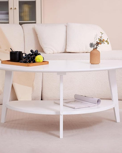Mid Century Modern Coffee Table with Storage Shelf, Large Oval Coffee Table for Living Room 41.5" W x 22'' D x 18 H 100% Solid Wood Table for House Apt Desktop Thickness 0.8'' Super Sturdy - LeafyLoom