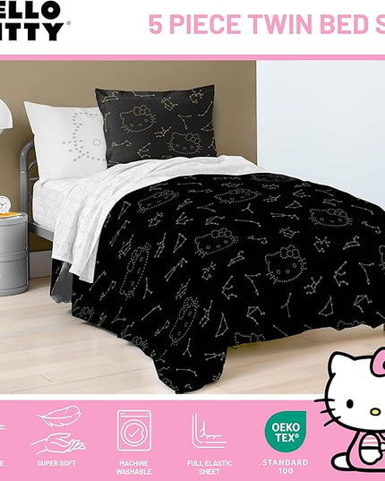 Jay Franco Hello Kitty Stars Twin Comforter Set - 5 Piece Bedding includes Sheet Set & Pillow Covers - Super Soft Zodiac Black & Gold Bedding - LeafyLoom