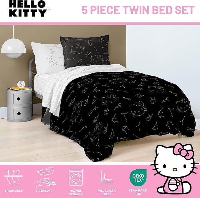 Jay Franco Hello Kitty Stars Twin Comforter Set - 5 Piece Bedding includes Sheet Set & Pillow Covers - Super Soft Zodiac Black & Gold Bedding - LeafyLoom