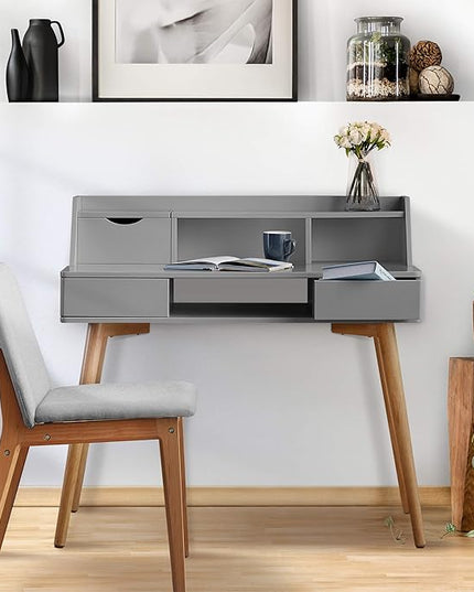 Teamson Home Creativo Writing Study Computer Desk with Solid Wood Legs, Storage Drawers and Open Shelves Hutch for Home Office Living Room Reading Bedroom, 37 inch Height, Gray - LeafyLoom