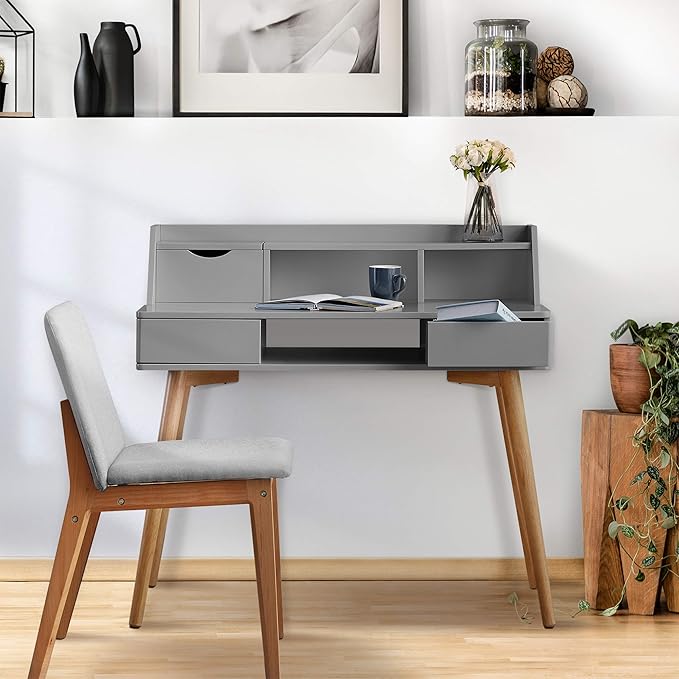Teamson Home Creativo Writing Study Computer Desk with Solid Wood Legs, Storage Drawers and Open Shelves Hutch for Home Office Living Room Reading Bedroom, 37 inch Height, Gray - LeafyLoom