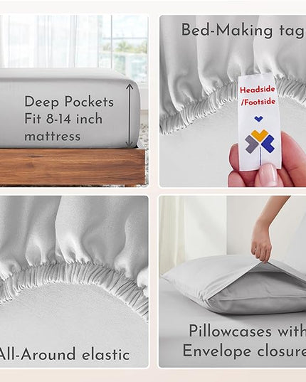 California Design Den Soft Cooling Sheets, 100% Cotton Sheets King Size Bed Sheets Set with Deep Pockets, 4 Piece Bedding & Pillowcases Set for Light Grey Sheets, King Sheets Set with Sateen Weave - LeafyLoom