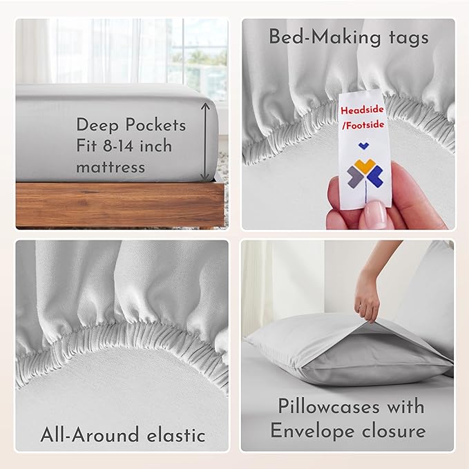 California Design Den Soft Cooling Sheets, 100% Cotton Sheets King Size Bed Sheets Set with Deep Pockets, 4 Piece Bedding & Pillowcases Set for Light Grey Sheets, King Sheets Set with Sateen Weave - LeafyLoom