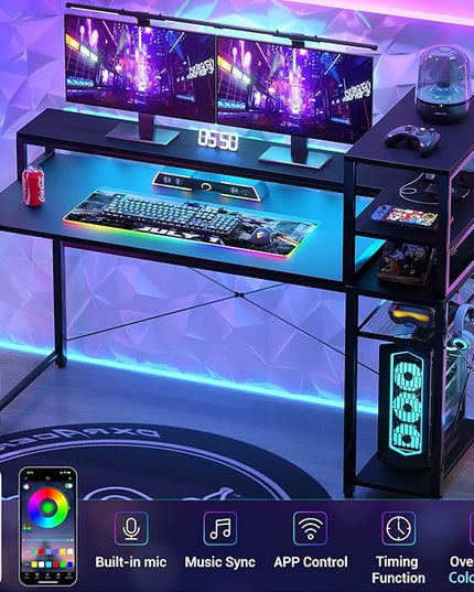 Gaming Desk with Storage, 47'' LED Light Desk, Home Office Computer Desk, Reversible Shelves & Power Outlets, Black - LeafyLoom