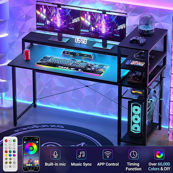 Gaming Desk with Storage, 47'' LED Light Desk, Home Office Computer Desk, Reversible Shelves & Power Outlets, Black - LeafyLoom