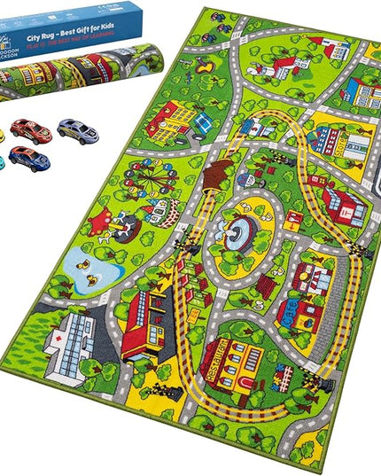 Booooom Jackson City Playmat Rug, Green, 60 x 32 inches, Non-Slip, Machine Washable, Compatible with Hot Wheels and Matchbox Cars, Ideal for Kids Room or Playroom - LeafyLoom