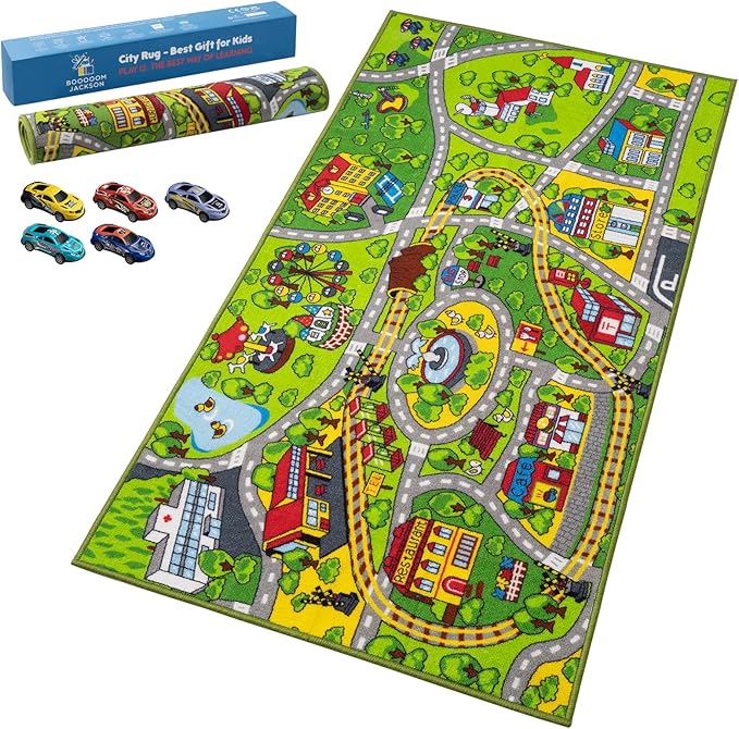 Booooom Jackson City Playmat Rug, Green, 60 x 32 inches, Non-Slip, Machine Washable, Compatible with Hot Wheels and Matchbox Cars, Ideal for Kids Room or Playroom - LeafyLoom