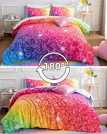 A Nice Night 6Pcs Gradient Abstract Art Grid Mosaic Geometric Bedding Set for Girls, Colorful Rainbow Galaxy Comforter Set, Ultra Soft Bedding Sets (PinkYellow,Twin 6Pcs) - LeafyLoom
