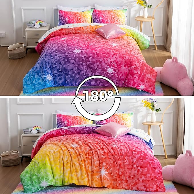 A Nice Night 6Pcs Gradient Abstract Art Grid Mosaic Geometric Bedding Set for Girls, Colorful Rainbow Galaxy Comforter Set, Ultra Soft Bedding Sets (PinkYellow,Full 6Pcs) - LeafyLoom