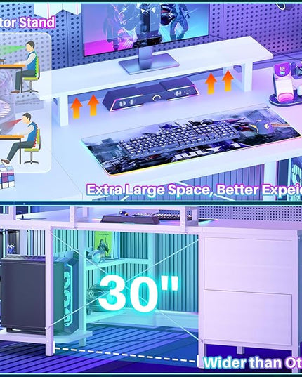 Aheaplus L Shaped Gaming Desk with Hutch, Gaming Desk with Led Lights, Reversible Computer Desk with Power Outlet, Corner Desk with File Drawer & Monitor Stand, Storage Shelves for Home Office, White - LeafyLoom