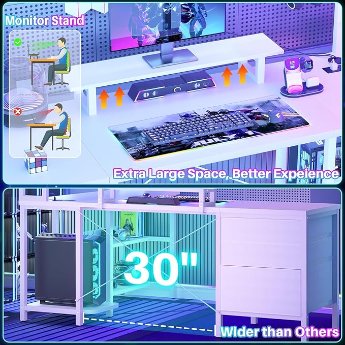 Aheaplus L Shaped Gaming Desk with Hutch, Gaming Desk with Led Lights, Reversible Computer Desk with Power Outlet, Corner Desk with File Drawer & Monitor Stand, Storage Shelves for Home Office, White - LeafyLoom