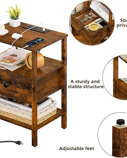 Lerliuo Nightstand Set of 2 with Charging Station and USB Ports, 3-Tier Storage End Table with Drawer Shelf, Night Stand for Small Spaces, Wood Bedside Table for Living Room, Bedroom-Brown - LeafyLoom