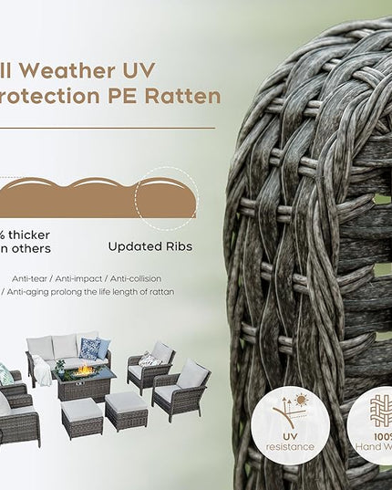 Yechen Patio Conversation Set 9 Seats with 44" Propane Gas Fire Pit Table - 8 Pcs Outdoor Wicker Furniture Set with Lid & Wind Shields - Sectional Sofa Set for Porch,Backyard - LeafyLoom