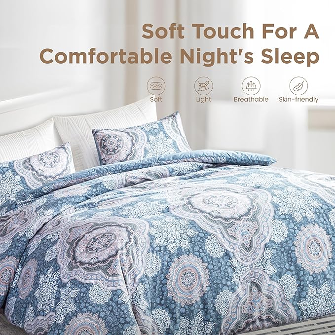 Sophia & William King Size Comforter Set for All Season, 3 Pcs Bedding Set with Foggy Blue Printed Comforter with & 2 Pillowcases - LeafyLoom