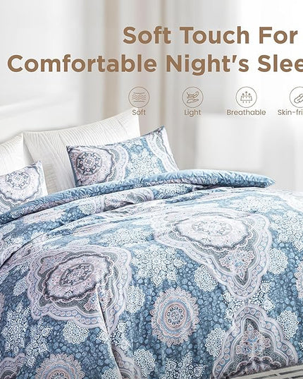 Sophia & William Queen Size Comforter Set for All Season, 3 Pcs Bedding Set with Foggy Blue Printed Comforter with & 2 Pillowcases - LeafyLoom