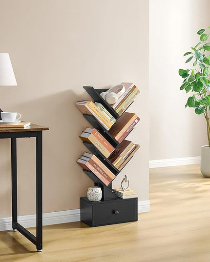7 Tier Tree Bookshelf with Drawer, Tree Bookcase with Storage, Modern Floor Standing Bookshelves Organizer for Bedroom, Living Room, Home Office, Black - LeafyLoom