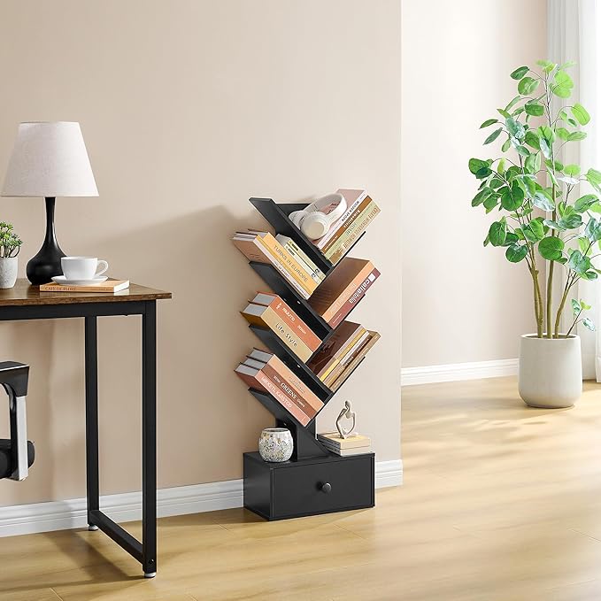 7 Tier Tree Bookshelf with Drawer, Tree Bookcase with Storage, Modern Floor Standing Bookshelves Organizer for Bedroom, Living Room, Home Office, Black - LeafyLoom