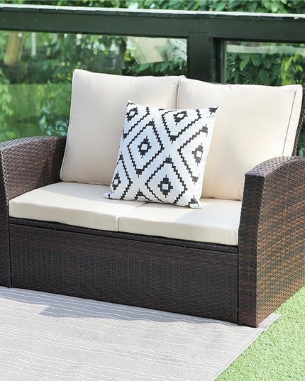 4 Piece Patio Furniture Sets, All-Weather Wicker Conversation Sets, Outdoor Rattan Sectional Sofa Chair with Cushions and Coffee Table for Balcony, Garden, Backyard, Brown - LeafyLoom