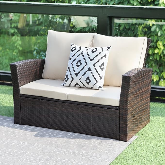 4 Piece Patio Furniture Sets, All-Weather Wicker Conversation Sets, Outdoor Rattan Sectional Sofa Chair with Cushions and Coffee Table for Balcony, Garden, Backyard, Brown - LeafyLoom