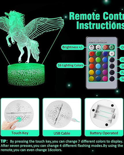 Unicorn Night Light for Kids, 16 Colors 3D Illusion lamp with Remote Unicorn Toys for 2 3 4 5 6 7 8 Year Old Girls Birthday Gifts Bedroom Home Decorations - LeafyLoom