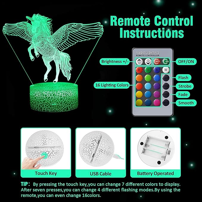Unicorn Night Light for Kids, 16 Colors 3D Illusion lamp with Remote Unicorn Toys for 2 3 4 5 6 7 8 Year Old Girls Birthday Gifts Bedroom Home Decorations - LeafyLoom