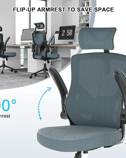 𝑯𝑶𝑴𝑬 𝑶𝑭𝑭𝑰𝑪𝑬 𝑪𝑯𝑨𝑰𝑹, Ergonomic Mesh Desk Chair, High Back Computer Chair- Adjustable Headrest with Flip-Up Arms, Lumbar Support, Swivel Executive Task Chair (Modern, Black Coral) - LeafyLoom