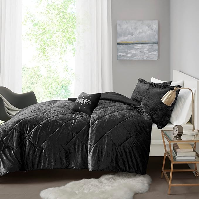 Intelligent Design King Comforter Set, Velvet Comforter Set , Luxury Diamond Quilting Comforter Set, Fluffy Comforter Bed Set with Decorative Pillowand 2 Shams, 4 Piece Black, King/ Cal King - LeafyLoom