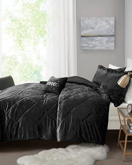 Intelligent Design Twin Comforter Set, Velvet Comforter Set , Luxury Diamond Quilting Comforter Set, Fluffy Comforter Bed Set with Decorative Pillowand 1 Sham, 3 Piece Black, Twin/Twin XL - LeafyLoom