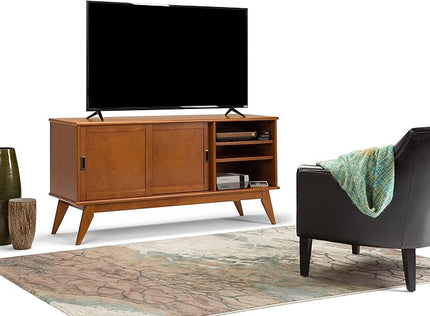 SIMPLIHOME Draper SOLID HARDWOOD 60 Inch Wide Mid Century Modern TV Media Stand in Teak Brown For TVs up to 65 Inches, For the Living Room and Entertainment Center - LeafyLoom